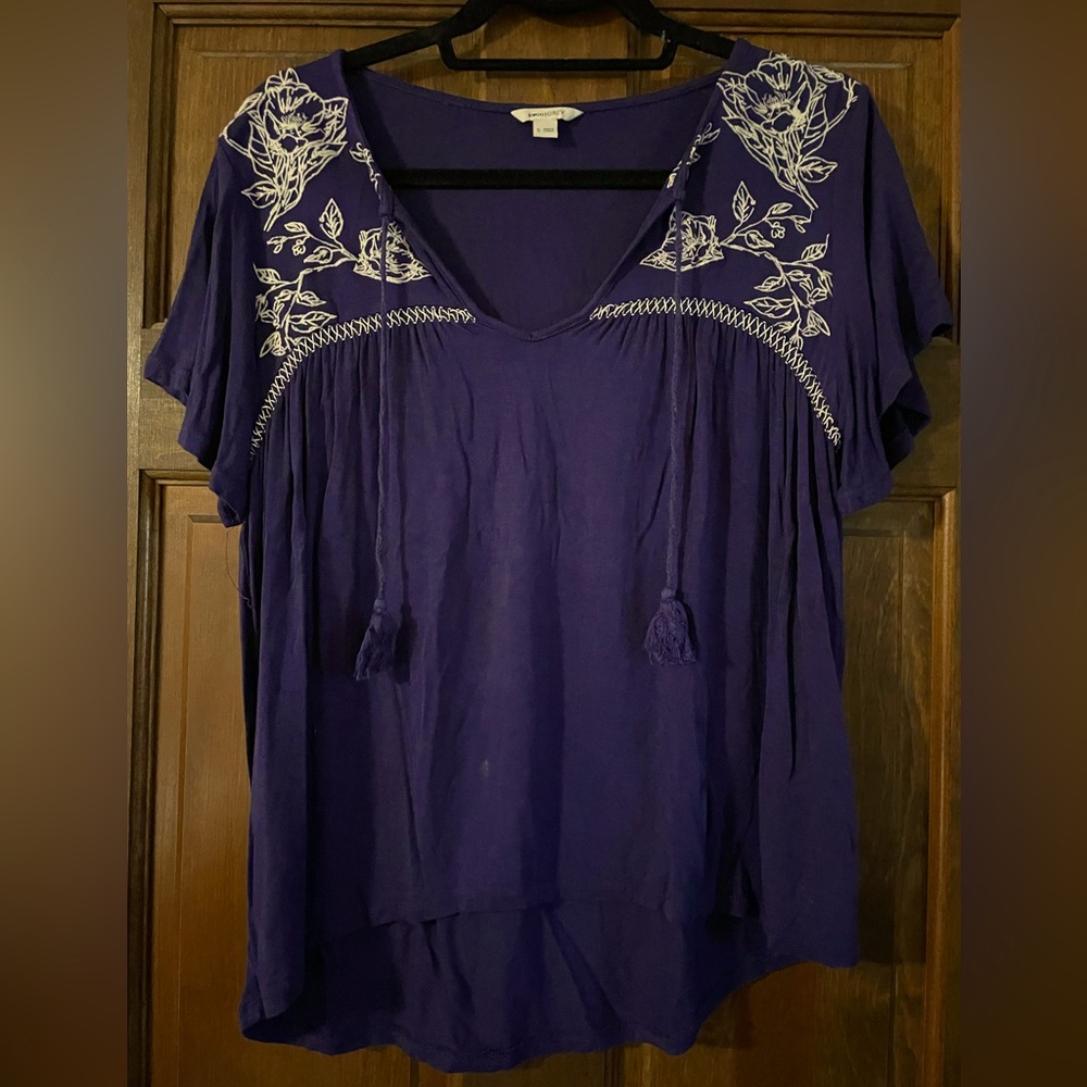 Sweet Grey Dark Blue Embroidered Tie Neck Blouse